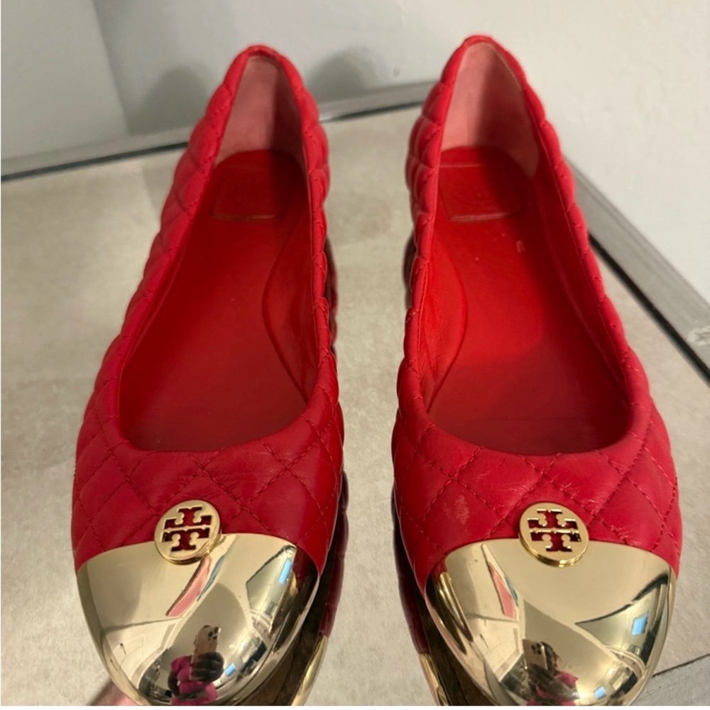 Tory Burch Red Quilted Flats with Gold Accents
